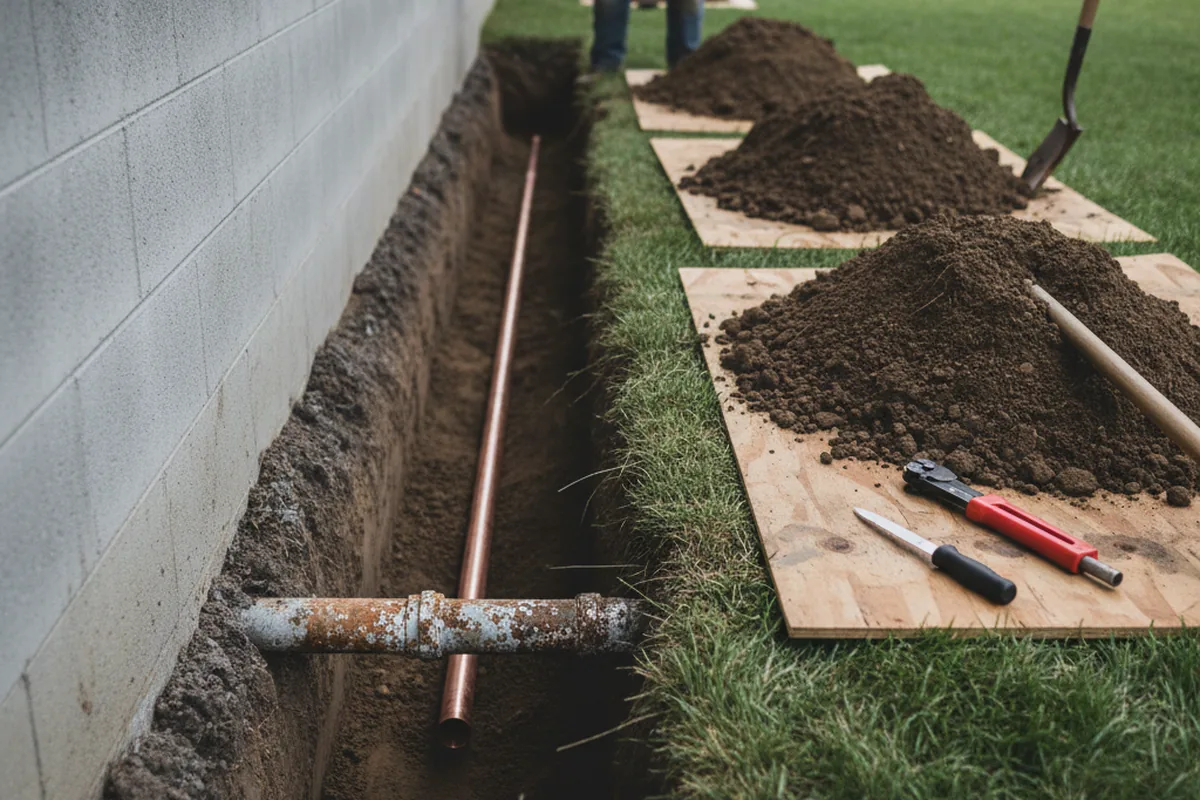 Excavated water line trench during Sewer Line Repair in Martinsville